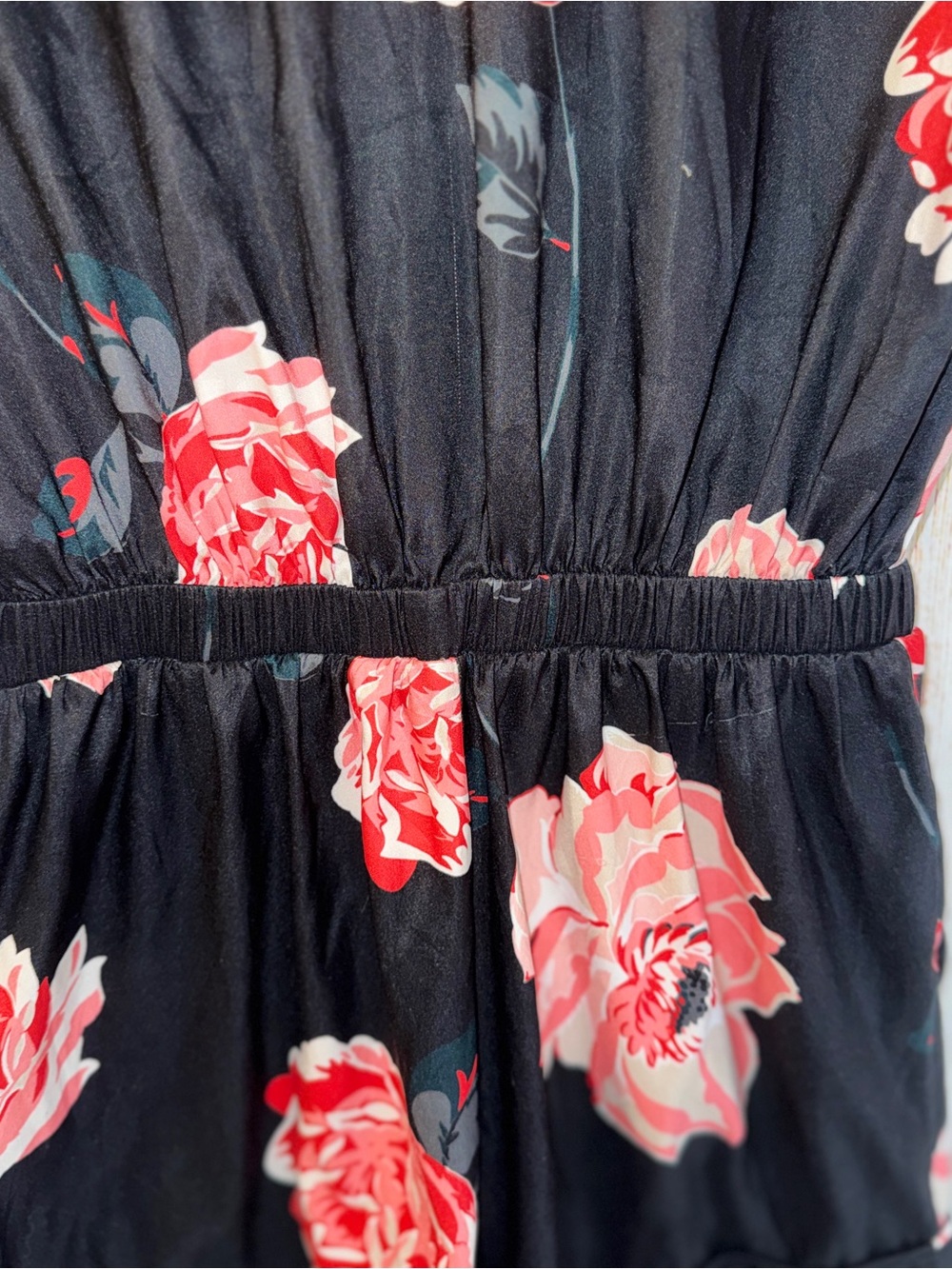 VICTORIA'S SECRET Intimates Black Satin Pink Floral Romper Tie Elastic Waist XS - Picture 8 of 13
